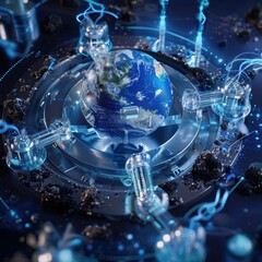 A futuristic 3D visualization of Earth surrounded by water purification technology to highlight the importance of clean water access.