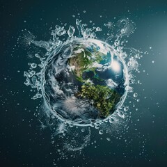 A futuristic 3D visualization of Earth surrounded by water purification technology to highlight the importance of clean water access. 