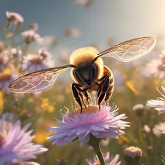 A close-up of a bee hovering on a flower to collect nectar on a sunny summer day Ai Generator