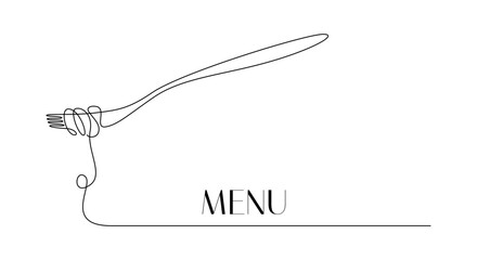 Fork with pasta in One Continuous line drawing. Italian spaghetti noodle for menu design and food delivery service in simple linear style. Editable stroke. Doodle Vector illustration