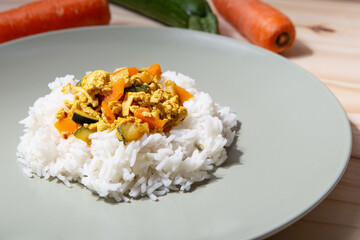 Basmati rice with tofu and vegetable curry.