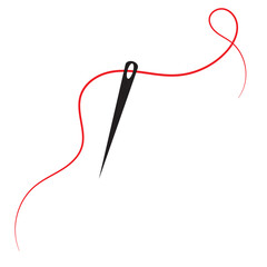 Sewing needle with a long red thread.Vector needle icon on a white background.Vector illustration