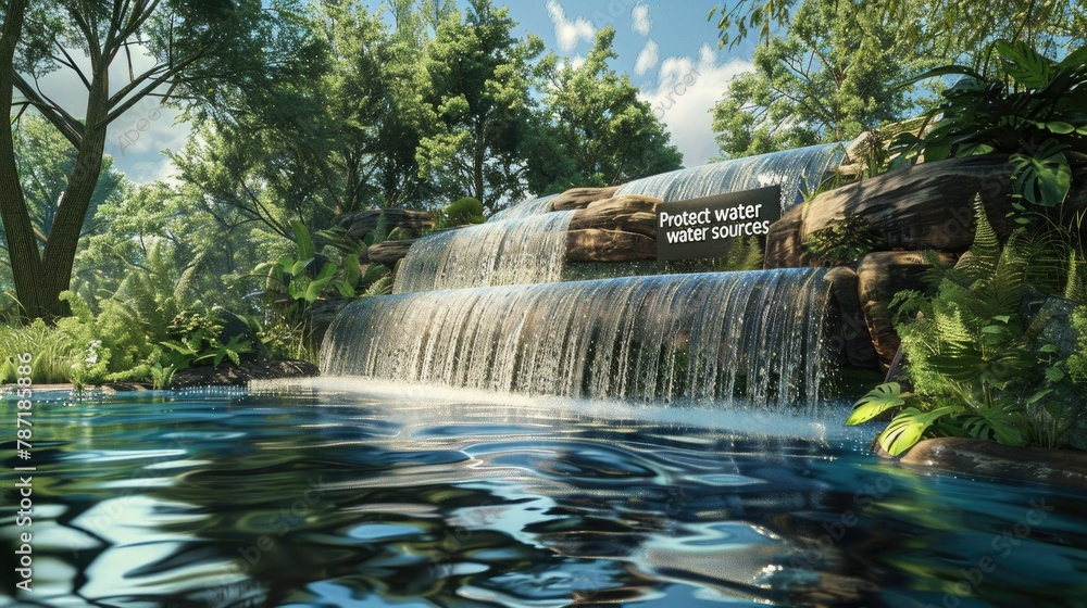 Poster An artistic 3D rendering of a waterfall flowing into a pool with the words 