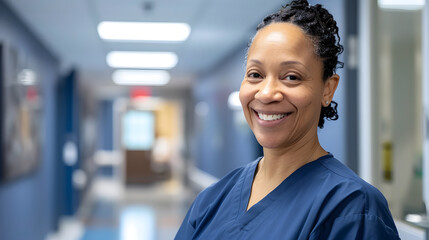Portrait of smiling biracial female healthcare worker in hospital corridor copy space Hospital medical and healthcare services : Generative AI