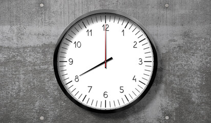 Time at 8 o clock - classic analog clock on rough concrete wall - 3D illustration