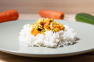 Basmati rice with tofu and vegetable curry.