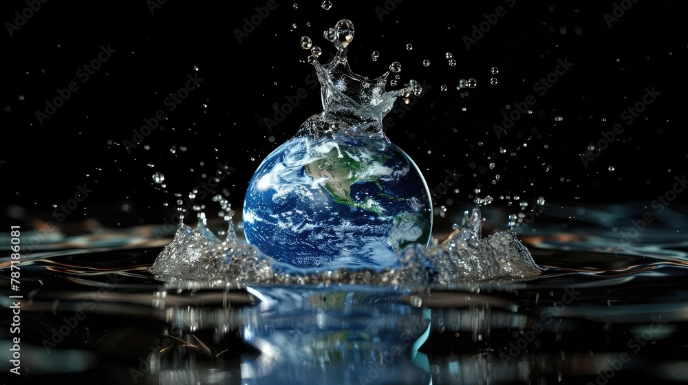 Poster a conceptual 3d model of a water drop splashing onto the earth, representing the impact of water con