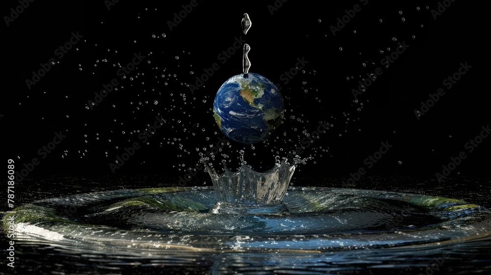 Poster a conceptual 3d model of a water drop splashing onto the earth, representing the impact of water con