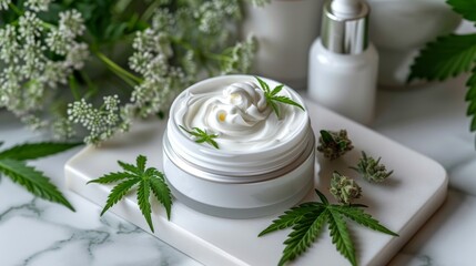 Fototapeta na wymiar CBD infused marijuana face cream, organic skincare cosmetic, natural cannabis beauty product concept, banner