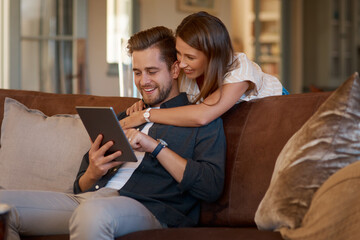 Happy, sofa and couple on tablet for social media meme, internet joke and watching videos. Home,...