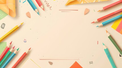 Naklejka premium Colorful pencils, sharpeners, paper, and shavings on beige background
