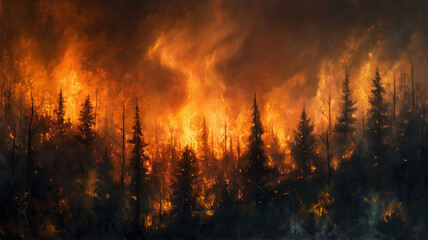 A painting of a forest fire with trees on fire