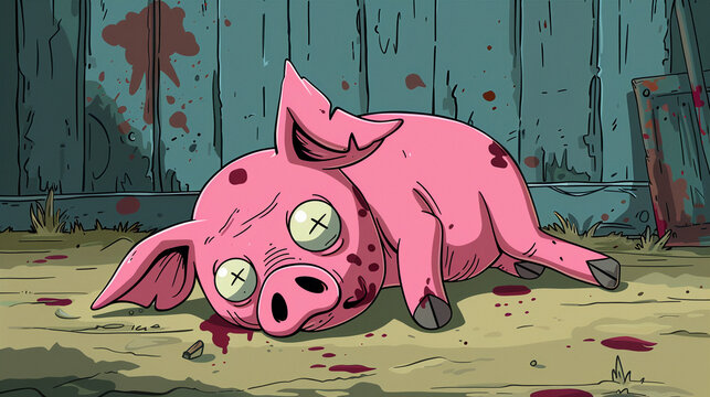 A cartoon portrayal of an expired pig lying upside down with Xs for eyes