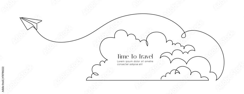 Leinwandbilder Paper airplane path in the sky in One Continuous line drawing. Business Concept of world travel and international flight airline in simple linear style. Editable stroke. Doodle Vector illustration