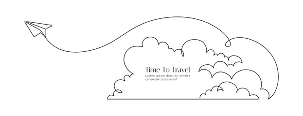 Paper airplane path in the sky in One Continuous line drawing. Business Concept of world travel and international flight airline in simple linear style. Editable stroke. Doodle Vector illustration