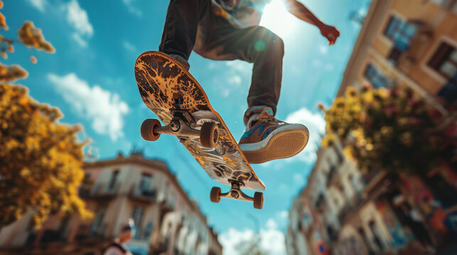 Color photo of pro skateboarder in half-pipe.