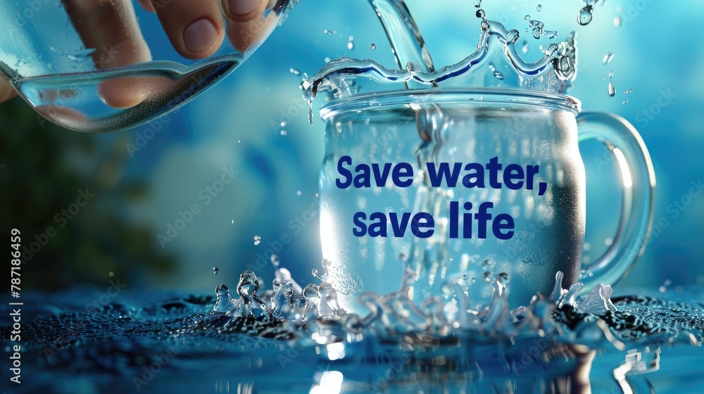 Poster a 3d graphic of a hand pouring water into a jug with the words 