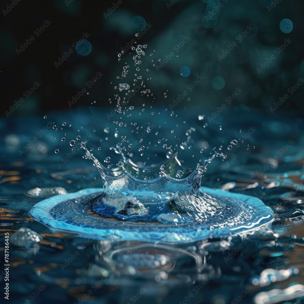 Poster an abstract 3d scene of water droplets falling into a pool shaped like the earth, representing conse