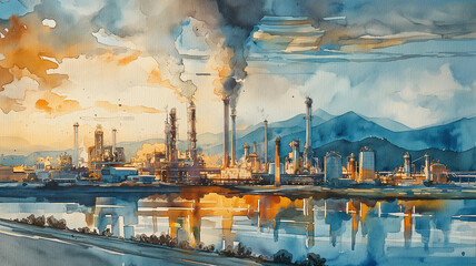 A painting of a city with a large industrial area and a river - obrazy, fototapety, plakaty