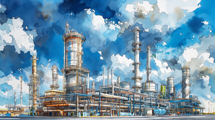 A painting of a large industrial plant with a blue sky in the background - obrazy, fototapety, plakaty