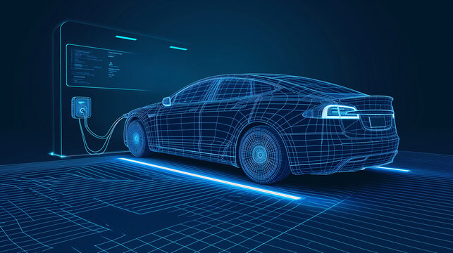 Clean energy charging station for EV car, sustainable eco energy, auto future or the development of innovations and technologies in vehicles. Digital style, wireframe line infinite blue.