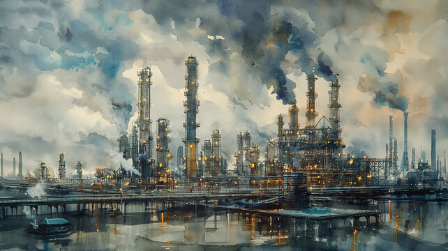 A painting of a city with a large industrial area and a lot of smoke