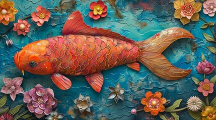 Vibrant folk art depiction of Koi fish, floral patterns under bright daylight, closeup, detailed textures