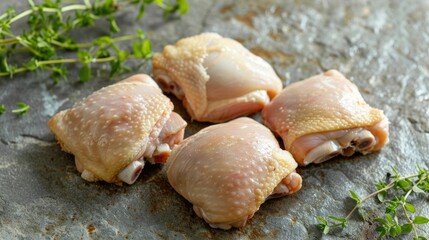 Skinless chicken thighs displayed on a stone surface