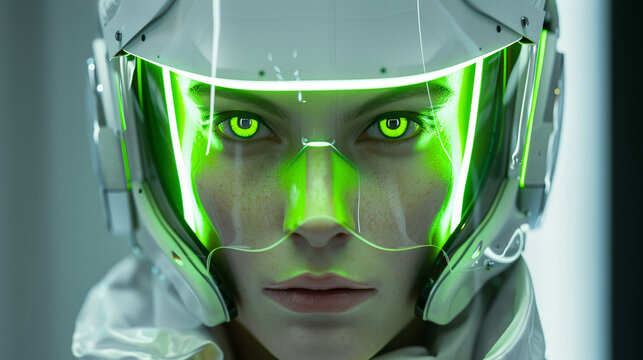 A front view of a stunning android cyborg featuring bright green neon eyes wearing a white and green plastic robe in Iris van Herpens fashion