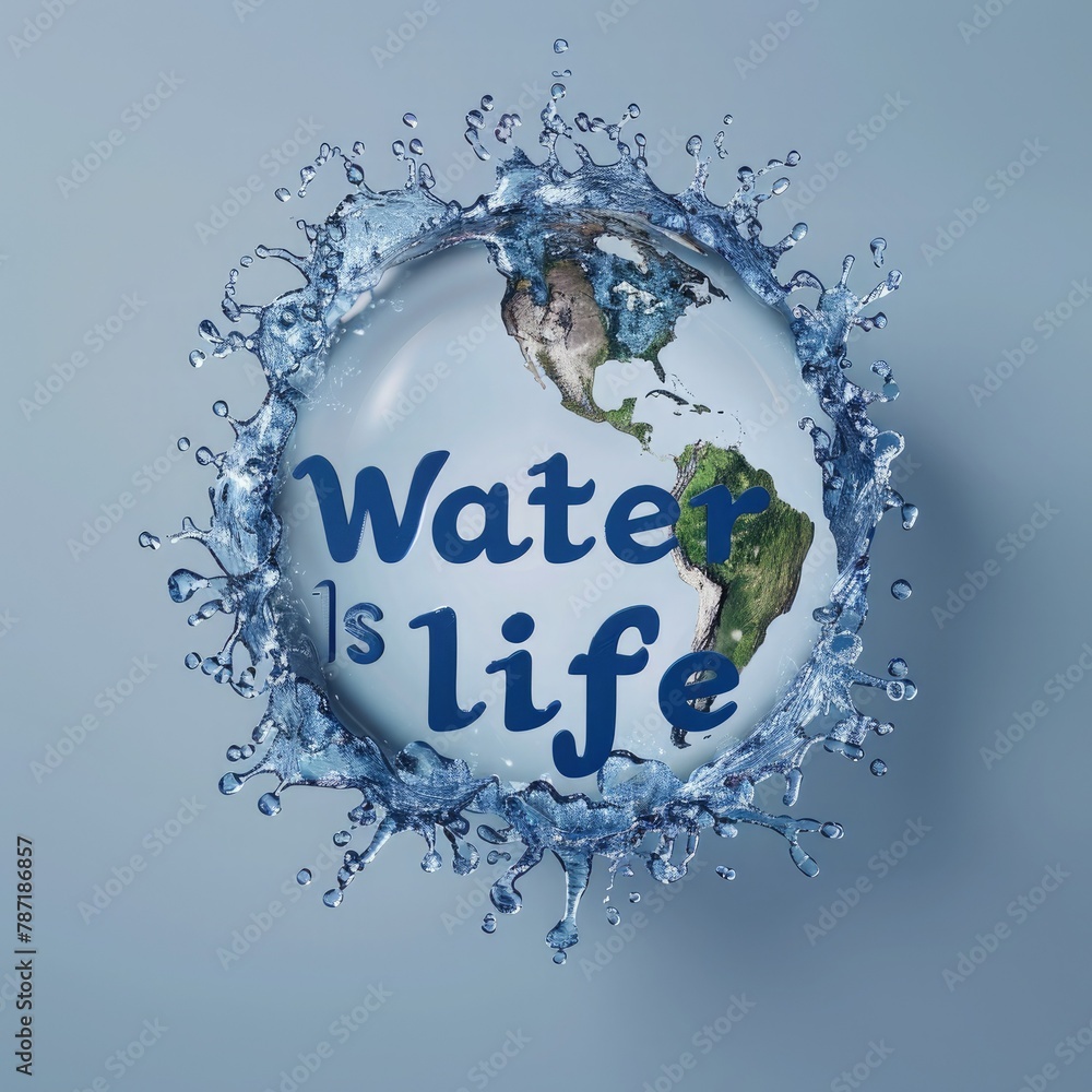 Poster a 3d rendering of water droplets forming the shape of the earth with the words 
