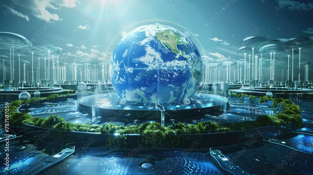 Poster a futuristic 3d visualization of earth surrounded by water purification systems to promote sustainab