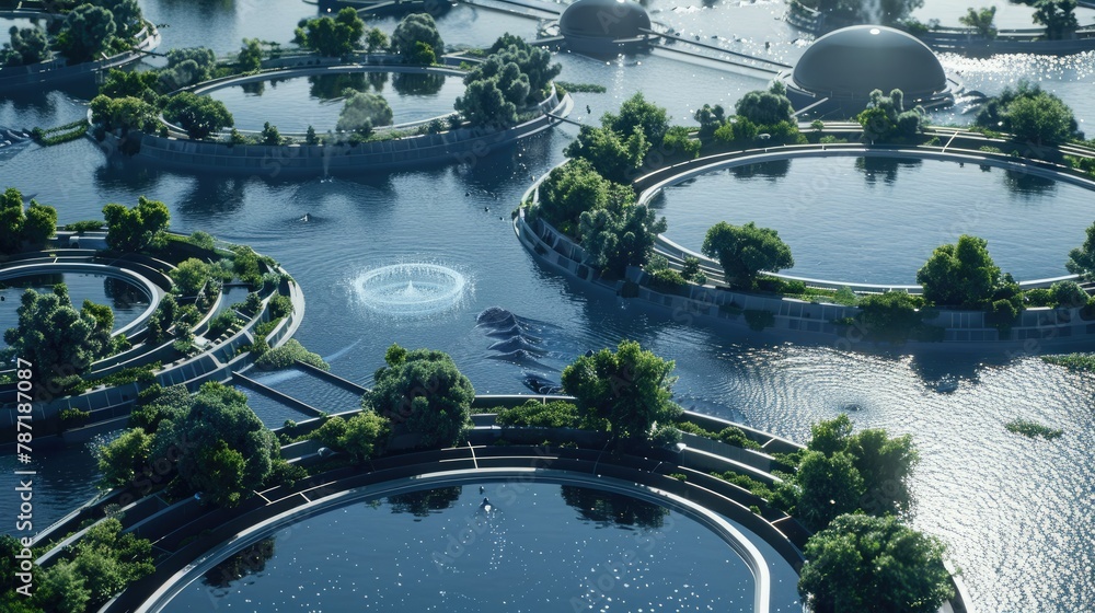 Poster a futuristic 3d visualization of earth surrounded by water purification systems to promote sustainab