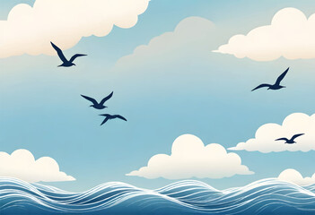a vector illustration of birds flying over a wave that is blue and white