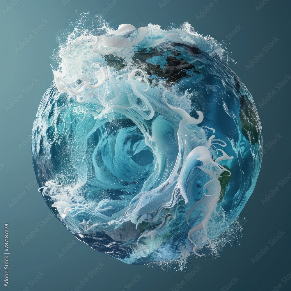 Poster A 3D visualization of water waves forming the shape of the Earth, underscoring the interconnectedness of water and the planet.