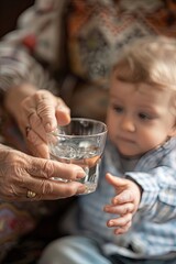 the grandmother gives a glass of water to the baby. Selective focus