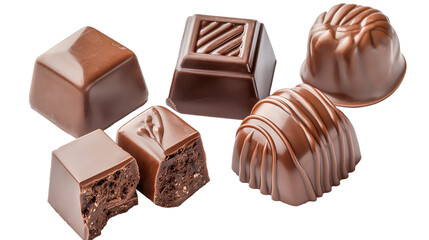 Obraz premium A close up of a variety of chocolate candies, including a bite taken out of one. Concept of indulgence and temptation, as the viewer is presented with a tempting selection of sweet treats