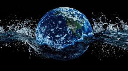 A 3D visualization of water waves forming the shape of the Earth, underscoring the interconnectedness of water and the planet.