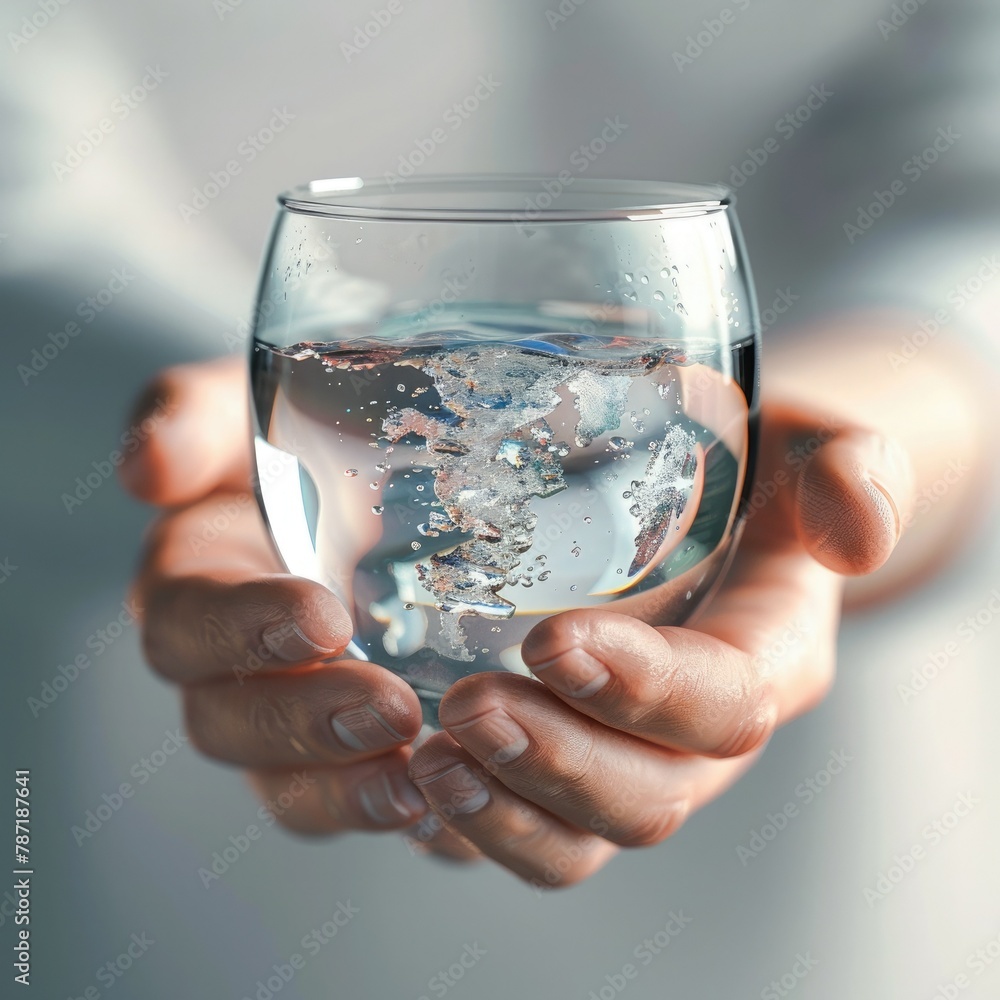 Poster a 3d visualization of a person holding a glass of water against the backdrop of a globe, emphasizing