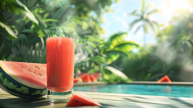 Fresh and rich realistic watermelon juice on the garden counter near the pool