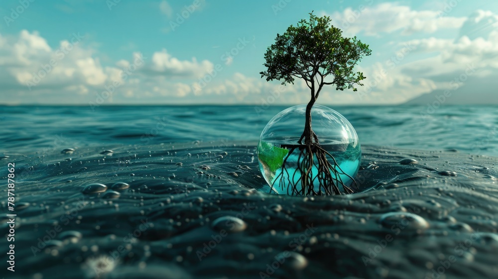 Aufkleber an artistic 3d representation of a tree with roots reaching into a globe filled with water, symboliz