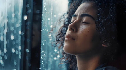 Music of rain Side shot of serene latin woman relax by window with closed eyes listen sound of raindrops feel pleasure Calm young lady enjoy breathing fresh ozonized air after rainstor : Generative AI