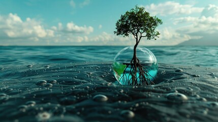 An artistic 3D representation of a tree with roots reaching into a globe filled with water, symbolizing the importance of water for life.