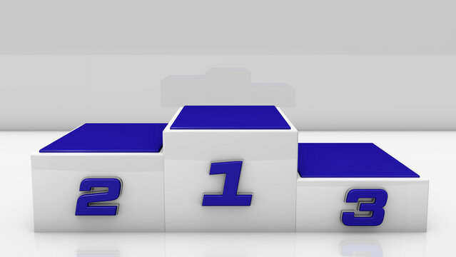 Podium square for first, second and third place. Award ceremony. Elements in 3D renderings. White podium with reflections. Winners ceremony.