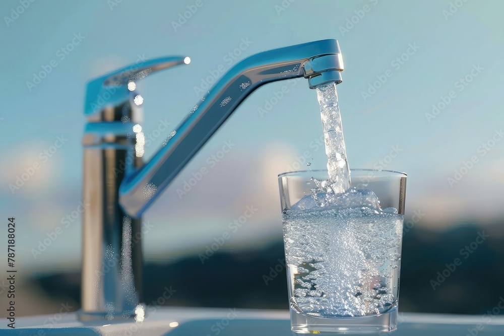 Aufkleber 3d visualization of a faucet pouring clean water into a glass, emphasizing access to clean drinking 