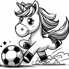 Cartoon Unicorn Kicking a Soccer Ball on a Rainbow
