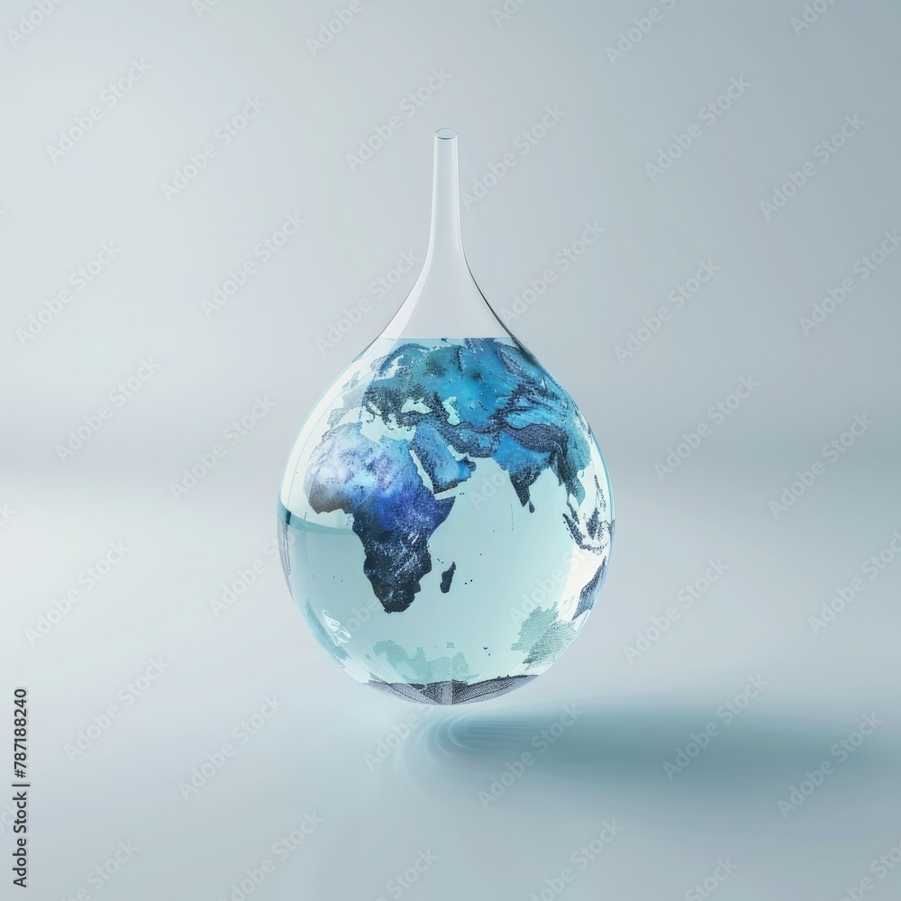 Poster a 3d concept of a water drop with a world map inside, highlighting the global significance of water 
