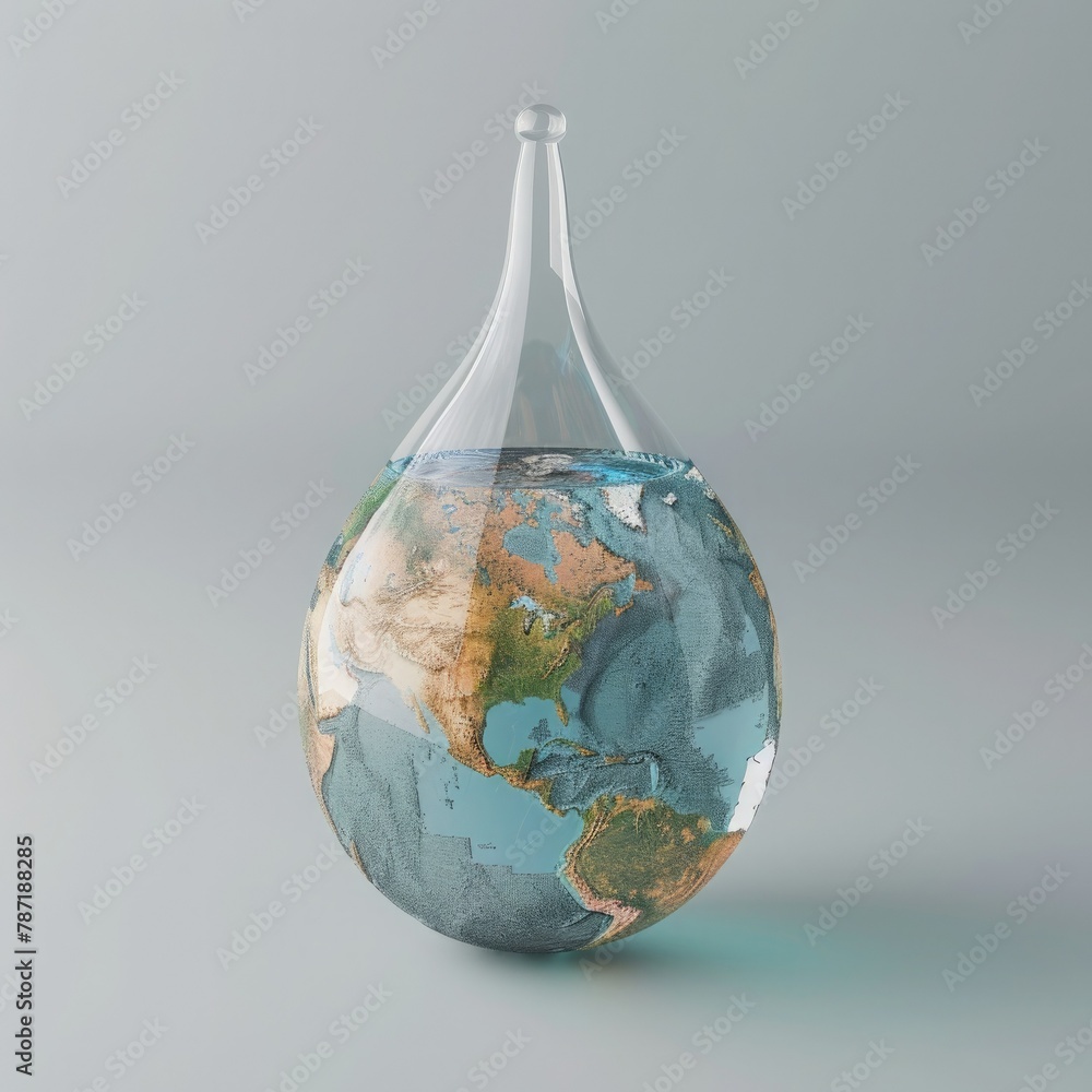 Poster a 3d concept of a water drop with a world map inside, highlighting the global significance of water 