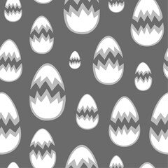 Small to large cracked eggshells on gray backdrop arranged in vector seamless pattern. Subtle monochrome surface art for printing on different materials or use in graphic design projects.