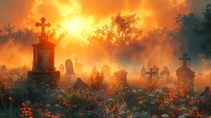Foto op Canvas A graveyard during the golden hour, with warm sunlight casting a gentle glow © Parinwat Studio