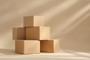 Photo of five cardboard boxes stacked on top of each other on a neutral background with a beige color palette in the minimalistic style with soft lighting